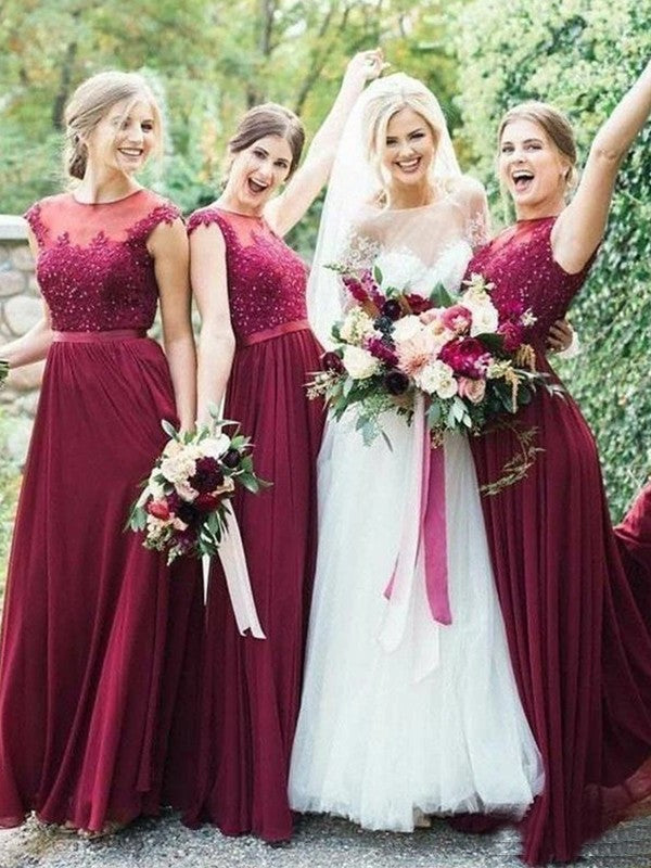 Wholesale A-Line/Princess Chiffon Applique Sleeveless Scoop Floor-Length Bridesmaid Dresses